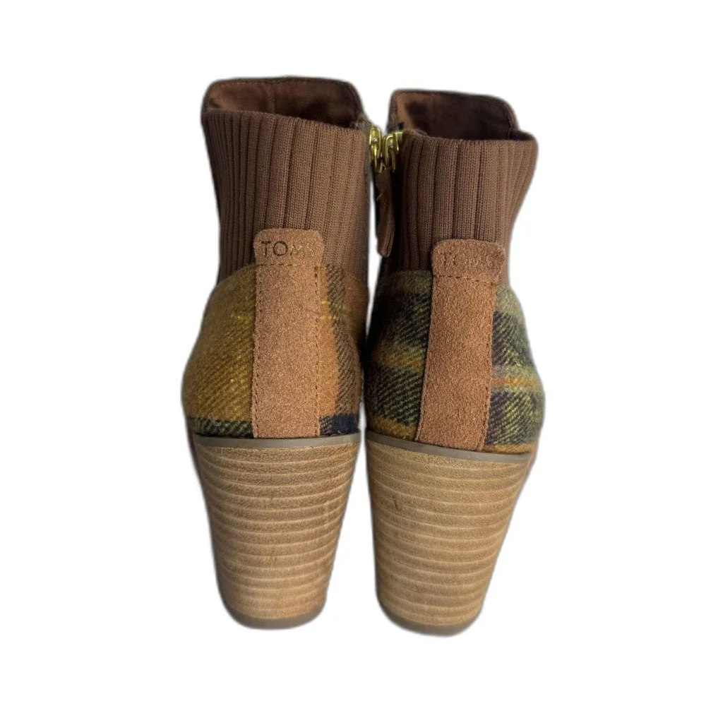 TOMS Boots Womens Size 9 Brown Suede‎ Wedge Ankle Booties Plaid Panel Side Zip